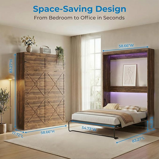 Mjkone Full Murphy Bed, Cabinet Beds Full Size, Modern Hidden Murphy Wall Chest Beds with Space-Saving Design, Adults Cabinet Guest Bed with 16 Colors of LED Lights for Bedroom, Apartment - Brown