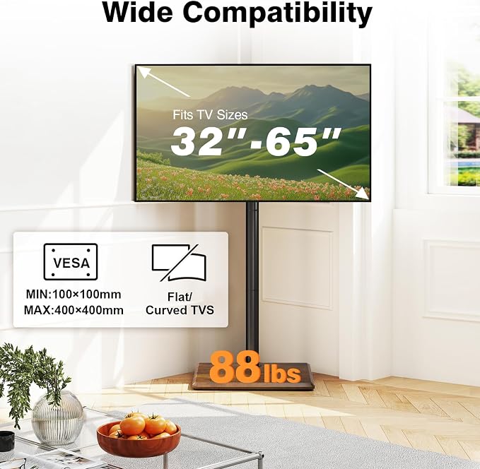 TVON Universal Floor TV Stand with Mount for Most 32-65 Inch TVs up to 88lbs, Height Adjustable TV Floor Stand with Wood Base for Space Saving (Rustic Brown, Wooden Base)