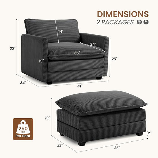 ROWHY Single Armchair with Ottoman, Modern Corduroy Cloud Couch with Convertible Chaise, Upholstered Sofa Set for Living Room and Office, Dark Grey