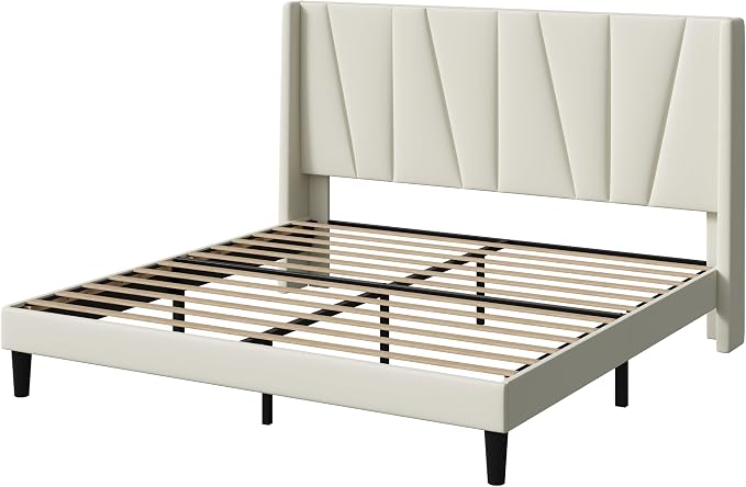 Allewie King Size Platform Velvet Bed Frame with Geometric Wingback Headboard, Boho Upholstered Bed with Wooden Slats Support, No Box Spring Needed, Easy Assembly, Cream