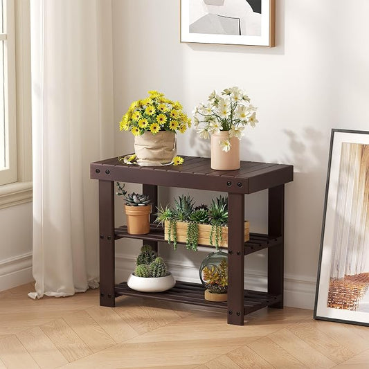 Sweetcrispy 3-Tier Shoe Rack Bench for Entryway, 19 Inches, Brown | Bamboo Shoe Storage Bench, Shoes Rack for Entrance, Living Room, Balcony, 4 Pairs, 286lb Capacity