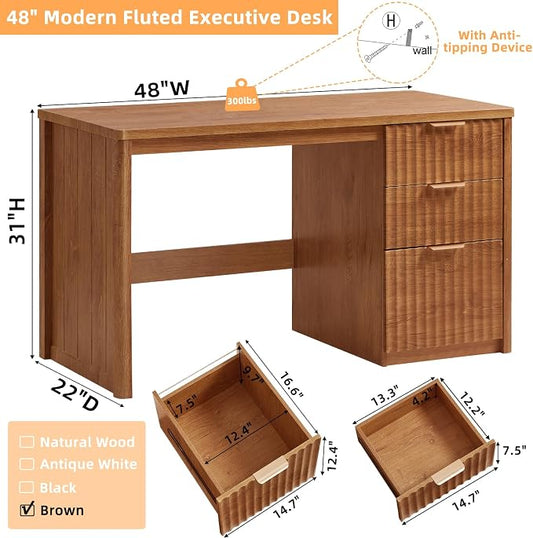 LEYAOYAO Office Desk 48" with 3 Drawers Storage File Cabinet Wood Fluted Desk for Computer Office Bedroom Home Furniture Tea Brown
