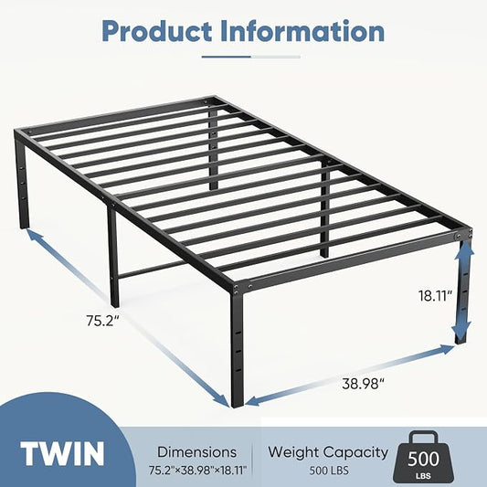 DUMOS Twin Size 18 Inch Bed Frame - Metal Platform Bed Frame Mattress Foundation with Steel Slat Support, No Box Spring Needed, Storage Space Under Base, Easy Assembly, Black