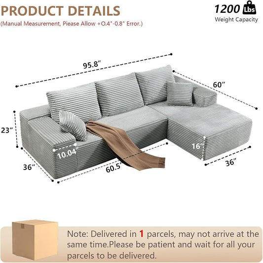 96" Modular Sectional Sofa, Modern Corduroy Cloud Couch with Deep Seat, Boneless Couch Upholstered 3-Seater L-Shaped Sofa for Living Room, No Assembly Required (Light Gray, Right-Facing Chaise)