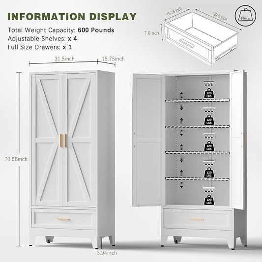 COFaR Metal Storage Cabinet, Farmhouse Storage Cabinet with 2 Doors and 4 Adjustable Shelves - 71" White Kitchen Pantry Storage 5-Tier Tall Steel Cabinets Locker for Kitchen, Living Room, Dining Room