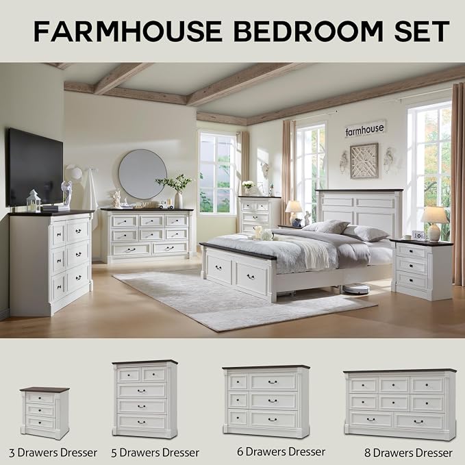 Aitjunz Farmhouse Queen Size Bed Frame with 51" Tall Headboard, Wood Platform Bed Frame with 20" Tall Roman Column Decoration Footboard & 2 Large Storage Drawers, No Box Spring Needed (White)