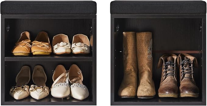 YMYNY Shoe Storage Bench with Cushion, 2 Tier Shoe Rack with Padded Seat, Adjustable Shoe Organizer Cabinet for Entryway, Living Room, Hallway, Closet, Bedroom, 15.4L*11W*16.54H, Black, UHBD028B