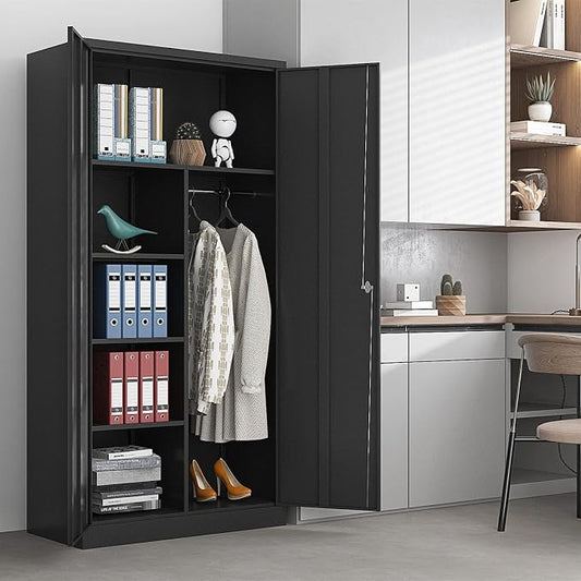 Yizosh Metal Armoire Wardrobe Closet Cabinet for Hanging Clothes with Lock Doors, -72" Steel Lockable Wardrobe Storage Locker Clothes Organizer for Bedroom, Laundry Room (Black)