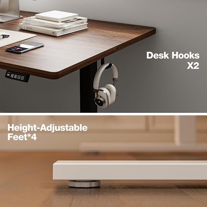 Grandder 47x32 Large Electric Standing Desk, Height Adjustable Computer Desk with 2 Memory Presets, 31.5" Deep Desktop Sit Stand Desk Home Office Desk Workstation Table with Hooks, Walnut