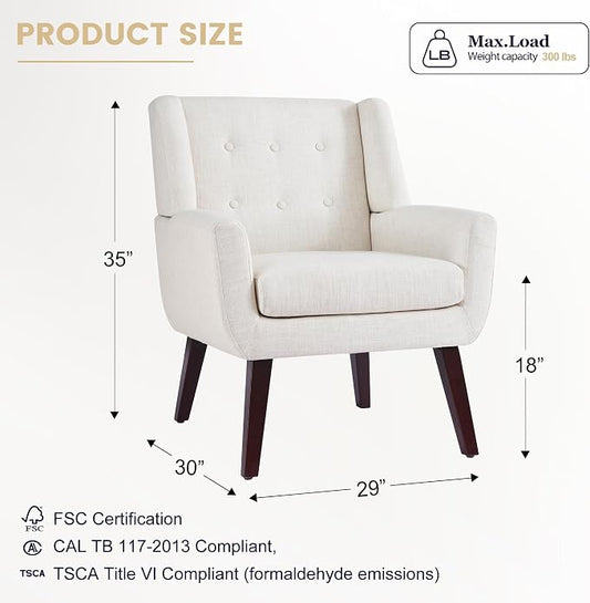 HUIMO Upholstered Accent Chairs Set of 2,Button-Tufted Reading Comfy Living Room Chair with Wooden Legs,Mid Century Modern Chair with Linen Fabric,Club Chair Comfy Arm Chairs for Bedroom,Beige