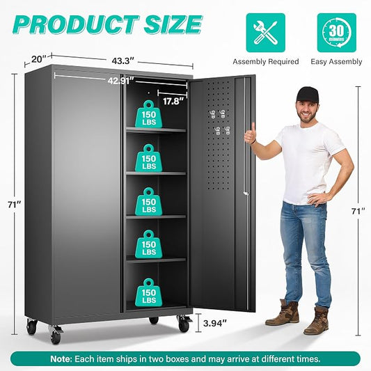 SISESOL Wide & Deep Metal Storage Cabinet with Wheels,Tall Rolling Garage Storage Cabinet with Lock,Black Metal Cabinets with Pegboards and Shelves,Tool Locker for Garage,Home,Office,43''Wx 20''Dx71"H