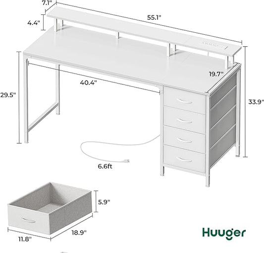 Huuger 55 Inch Computer Desk with Power Outlets and LED Lights, Gaming Desk with 4 Drawers, Office Desk with Monitor Stand, Study Work Home Office, White