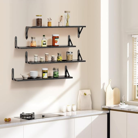 ROMGUAR CRAFT Wood Floating Shelves Set of 4, Rustic Storage Decor Wall Shelves, Wall Mounted Shelf for Living Room, Bedroom 23.6" x 6", Black