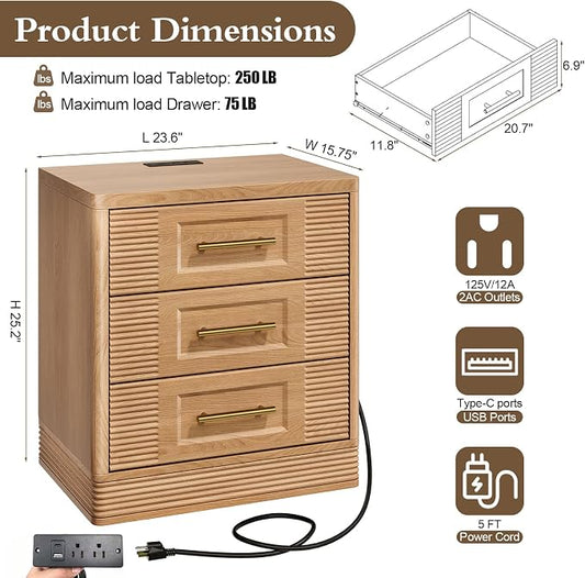 RECHHX 3 Drawer Dresser for Bedroom, 25.6" Tall Nightstand with Charging Station, Farmhouse 23.6" Wide End Table, Thermoformed Curved Small Chest of Drawers for Bedroom, Living Room, Nature Oak