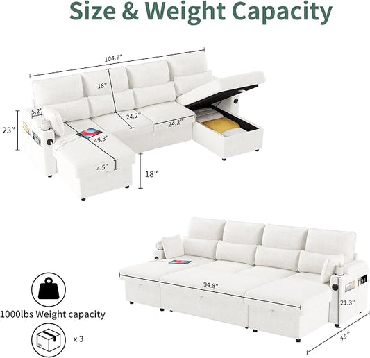 104.7" U-Shaped Sectional Sofa Couch, Pull-Out Sleeper Sofa Bed with Storage Chaise, Double Cup Holders, Dual USB Charging Ports, Couches for Living Room Apartment
