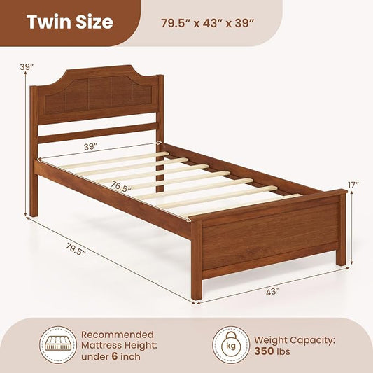 Giantex Twin Size Wooden Bed Frame with Headboard, Wood Slat Support | Farmhouse Platform Bed with Heavy Duty Mattress Foundation, Under-Bed Storage, No Box Spring Needed, Easy Assembly (Walnut)