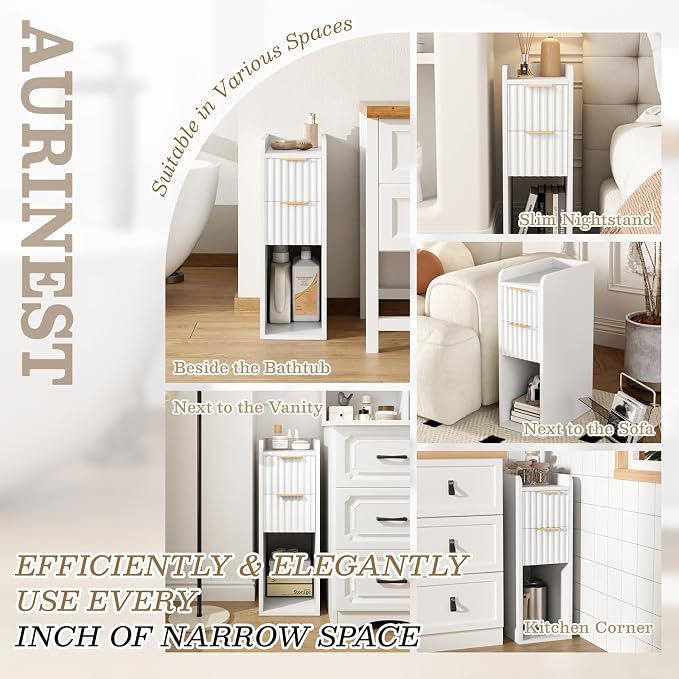Narrow Nightstand Set of 2, 7.9" Wood Nightstands w/Fluted 2 Drawer, Slim Bed Side End Table Small Spaces Modern Skinny Wooden Night Stand for Bedroom, Living Room, White
