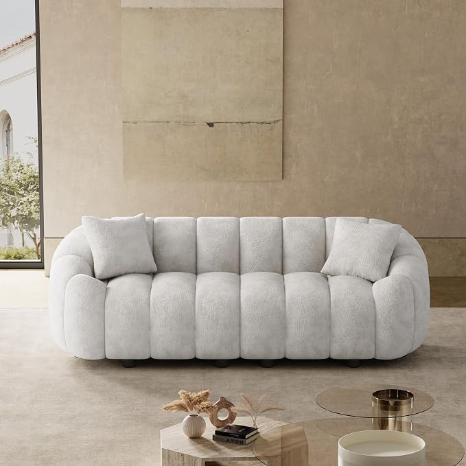 92" Oversized Minimalistic Boucle Sofa for Living Room, Luxury Plush Extra Deep Seat Tufted Sofa, Modern Comfy Curved Cloud Couch, Upholstered 3-Seater Chenille Couches, Beige White