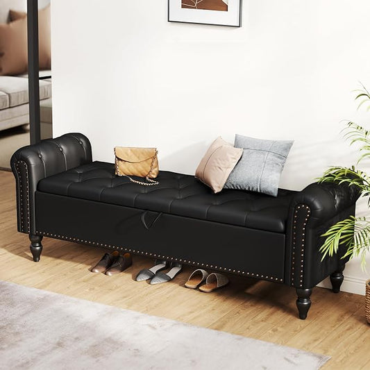 Furniliving 63” End of Bed Bench, Bedroom Bench with Button-Tufted, Upholstered King Storage Ottoman Benches Queen Entryway Bench with Storage Shoe Cabinet Bench, for Bedroom, Black