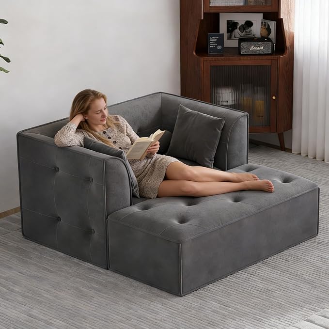 Claiks 62" Chaise Lounge Chair Indoor,Oversized Chaise Lounge for Living Room, Upholstered Boneless Chair Bed with Ottoman, Armrest and Pillows, Indoor Cloud Couch, Dark Gray