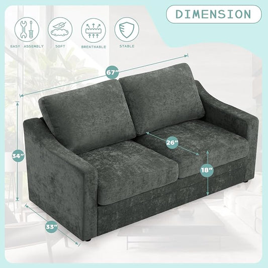 67” Chenille Loveseat Sofa w/Comfortable Back Cushions, Grey | Modern 2-Seat Couch w/Deep Seat Space, Upholstered 2 Seaters Sofa w/High Resiliency Foam for Living Room