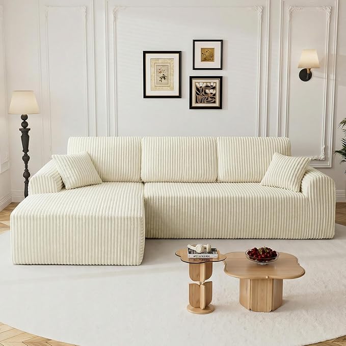 110" L Shaped Boneless Sectional Couches for Living Room, Comfy Corduroy Floor Cloud Sofa with Chaise, Wide Armrest, Deep Seat, Memory Foam, Assembly Free, Ideal for Small Spaces, Beige