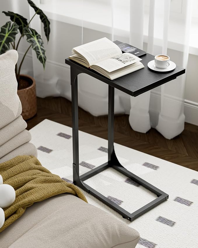 C-Shaped Side Table for Couch - Small Coffee Stand Sofa Tray Desk with Metal Frame and Waterproof Scratch Resistant, Modern End Accent for Living Room, Bedroom, Small Spaces, Black