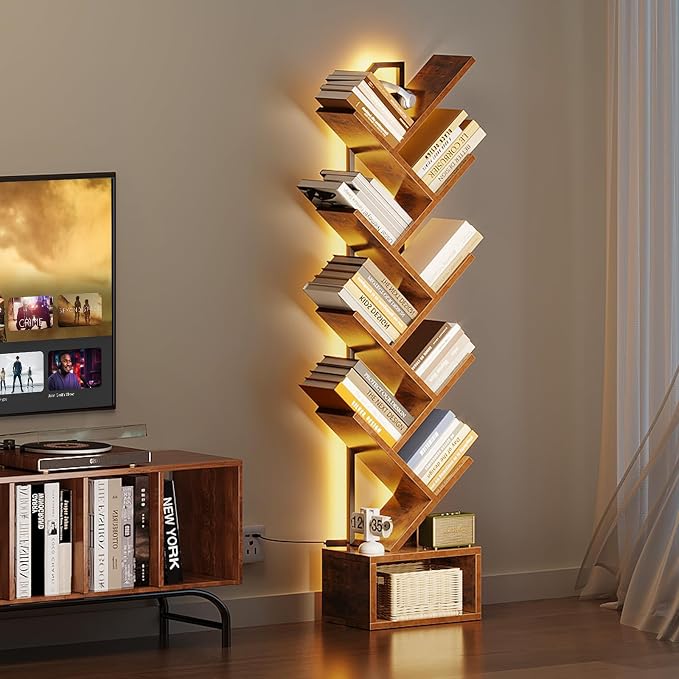 Casaottima Tree Bookshelf with LED Lights, 8-Tier Narrow Bookcase for Small Spaces, Tall Steel & Wood Storage Shelf with Cabinet, Home Decor & Organizer for Living Room/Bedroom/Home Office, Vintage