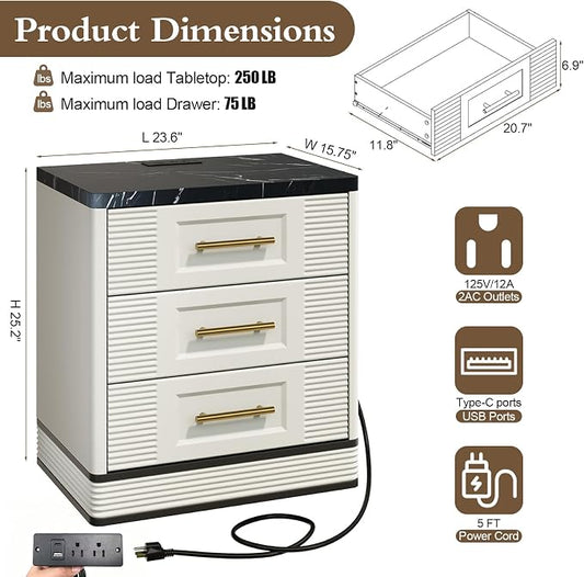 RECHHX 3 Drawer Dresser for Bedroom, 25.6" Tall Nightstand with Charging Station, Farmhouse 23.6" Wide End Table, Thermoformed Curved Small Chest of Drawers for Bedroom, Living Room, White