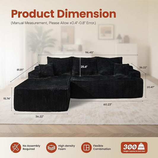 ovios 96" Cloud Sectional Couch with L-Shape Chaise,Modern Modular Sofa with Deep Seat, Upholstered Couches for Living Room Bedroom,No Assembly Required, Black (Plush Corduroy Fabric)