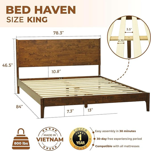 Acacia Haven King Size Bed Frame and Headboard, King Size Platform Bed Frame Scandinavian Wood Bed Compatible with All Mattress Types, 800 lbs Capacity Wood Slats Support, Walnut.