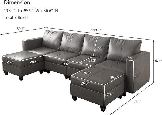 EASE MOOSE Modular Sectional Sofa with Storage, Faux Leather Sectional, Leather Couches for Living Room,Grey