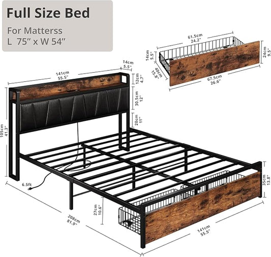 LIKIMIO Full Size Bed Frame with 2 Drawers and Charging Station | Platform Bed with Upholstered Storage Headboard, No Box Spring Needed, Easy Assembly, Sturdy, Industrial Brown and Black