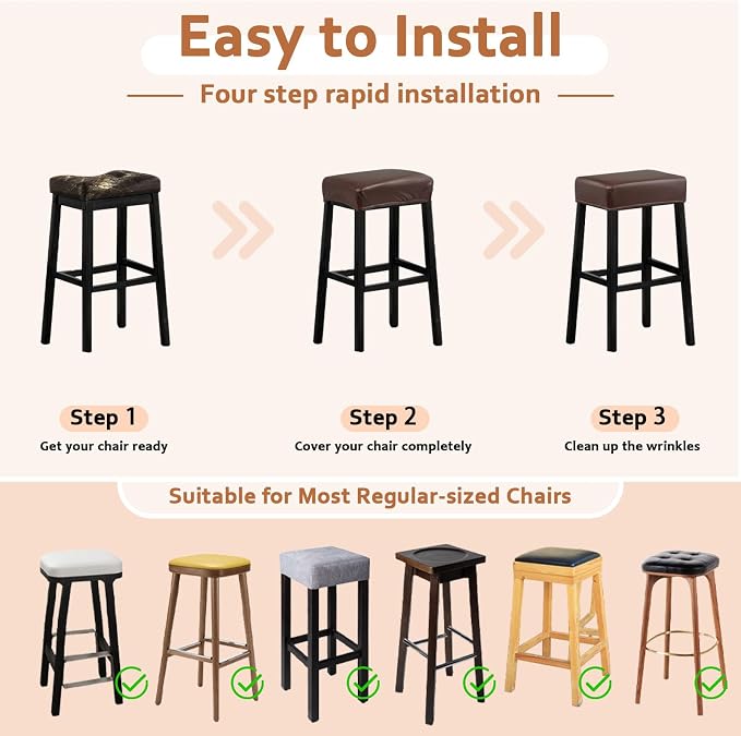 PU Leather Bar Stool Covers Rectangular, 100% Waterproof Stool Covers Rectangle Super Stretch 20% Thicker Leather Saddle Stools Cover Rectangular Counter Bar Stools with Elastic Band (4 PCS, Coffee)