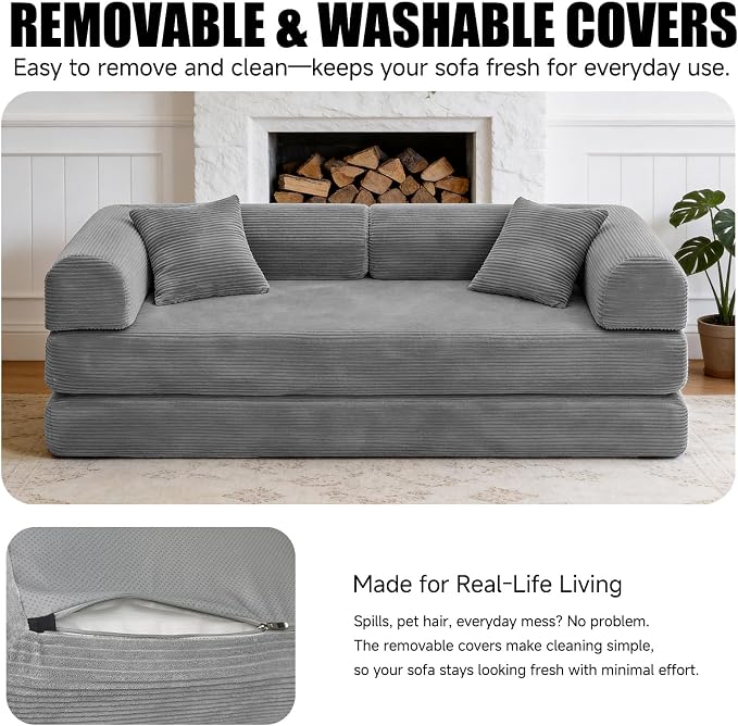 78.8" Memory Foam Boneless Couch, Corduroy Floor Sofa Bed, Convertible Sleeper Futon Loveseat, Wide Armrests & Back Support, Supports Up to 1200 lbs, Couch in a Box with 2 Pillows, Light Grey