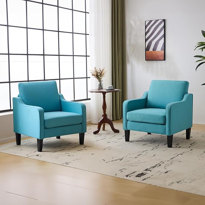 VINGLI Accent Chairs Set of 2 Blue Linen Living Room Chairs Reading Chair for Bedroom Scooped Arm Chair Mid Century Modern Accent Chair Upholstered Comfy Chair for Apartment, Waiting Room