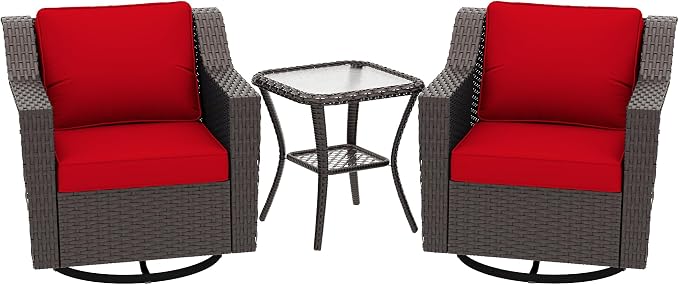 3 Pieces Patio Conversation Furniture Set - 2 Swivel Chairs, 1 Side Table, Outdoor Wicker Rocking Glider Armchairs with Washable and Water-Resistant Cushions for Porch, Balcony (Red)