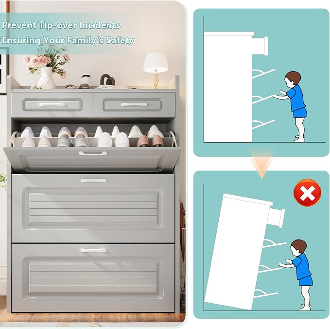Shoe Cabinet with 3 Large Flip Drawers and 2 Storage Drawers, Narrow Shoe Organizer Cabinet Fits for Kinds of Shoes, Slim Shoe Storage Cabinet for Entryway, Hallway, Light Grey
