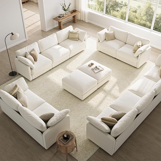 114" Cloud Couch Sectional Couches for Living Room Warm White | 10" High-Resilience Cloud Cushion, 36" Movable Ottoman, Plus-Size Friendly Couch, 28" Extra Deep Seat Sofa