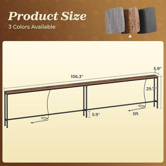 SUPERJARE 106.3 Inch Sofa Table with 2 Power Outlets and USB-C Ports, 5.9 Inch Narrow Console Table, Long Entryway Hallway Couch Table Behind Sofa, Small Spaces, Living Room, Rustic Brown
