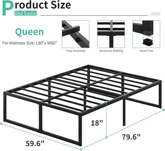 Lutown-Teen 18 Inch Queen Bed Frame with Heavy Duty Steel Slat Support | Metal Queen Size Platform Bed Frame No Box Spring Needed, Easy Assembly, Black