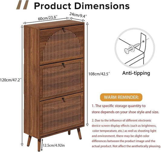 Fsbecl Shoe Storage Cabinet for Entryway with 3 Flip Drawers, Narrow Shoe Organizer with Fluted Panel, Freestanding Wood Hidden Shoe Cabinet for Hallway (Walnut, 23.6''W, Double Layer)
