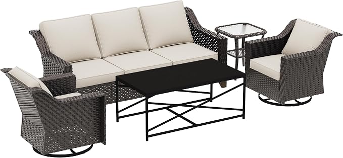 5 Pieces Outdoor Conversation Furniture Set - 77" Patio Sofa, 2 Swivel Rocker Chairs, 1 Side Table, 1 Metal Coffee Table, Patio Wicker Couch Set with Washable Cushions for Porch (Beige)