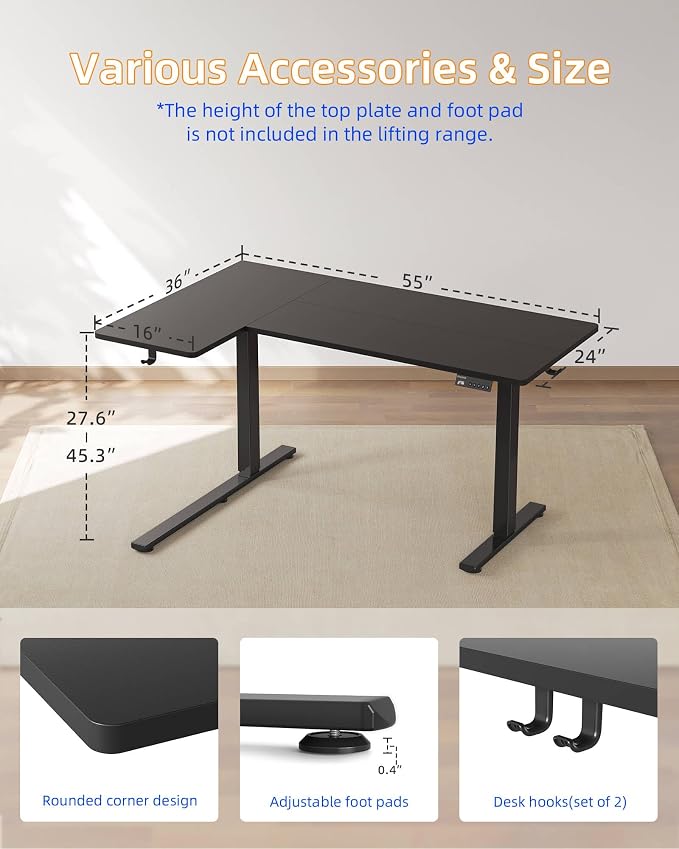 YIHAYO Reversiable L-Shaped Electric Standing Desk, 55 Inches Adjustable Height Corner Desk, Sit and Stand Up for Work Office Home, Computer Table with Splice Board, Black