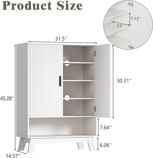 Shoe Cabinet Storage for Entryway with Doors, 5 Tier Fluted Shoe Organizer with Adjustable Shelves, Entryway Shoe Storage with Wooden Legs, Freestanding Hidden Shoe Rack for Front Door Entrance, White