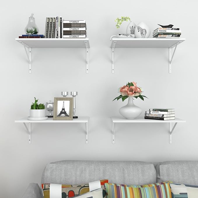 Deep Floating Wall Shelves - 4 Sets of 12 Inch Wide White Wood Shelves for Bathroom, Bedroom, Kitchen, Living Room