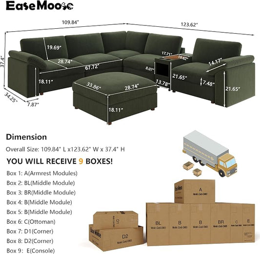 EASE MOOSE Oversized Sectional Modular Sofa, Extra Large v Shape Sectional Couch, Deep Seat Modular Cloud Couch,Removable Cover,Green
