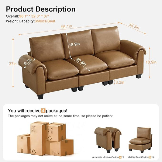 96" Faux Leather Modular Sectional Upholstered Sofa, Oversized 3 Seater Couch with Curved Armrests, Cloud Modern Upholstered Deep Seat Sofa for Living Room, Light Brown