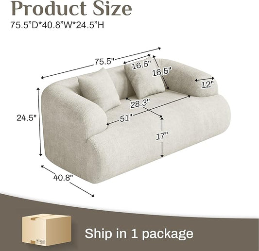 75" Boneless Cloud Loveseat, Modern Cute Curved Chenille Sofa, 2 Seater Compression Couch with 2 Pillows, No Assembly Required for Apartment Living Room, Beige White