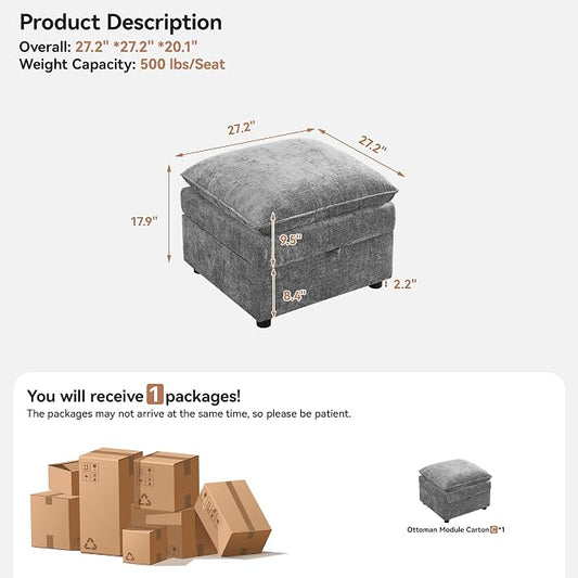 27" Large Square Ottoman with Storage, Modern Upholstered Footrest with Anti-Slip Legs for Couch Coffee Table Living Room, Bedroom, Entryway, Chenille Light Grey